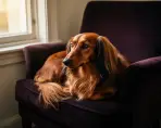 Ambre au repos sur le fauteuil de velours de la maison